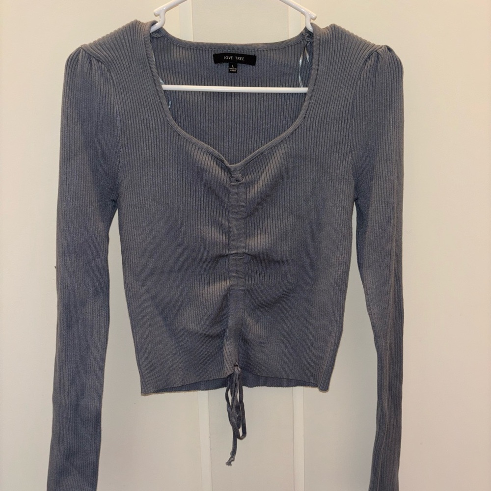 Love Tree Charcoal Ribbed Blouse